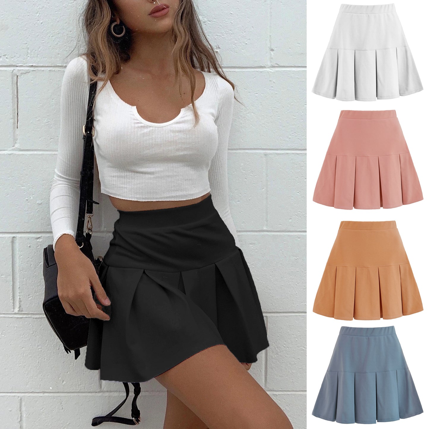 Women's Elastic High Waist Pleated Pure Color Skirts