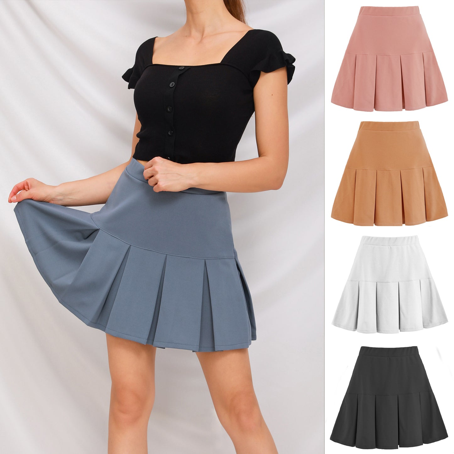 Women's Elastic High Waist Pleated Pure Color Skirts