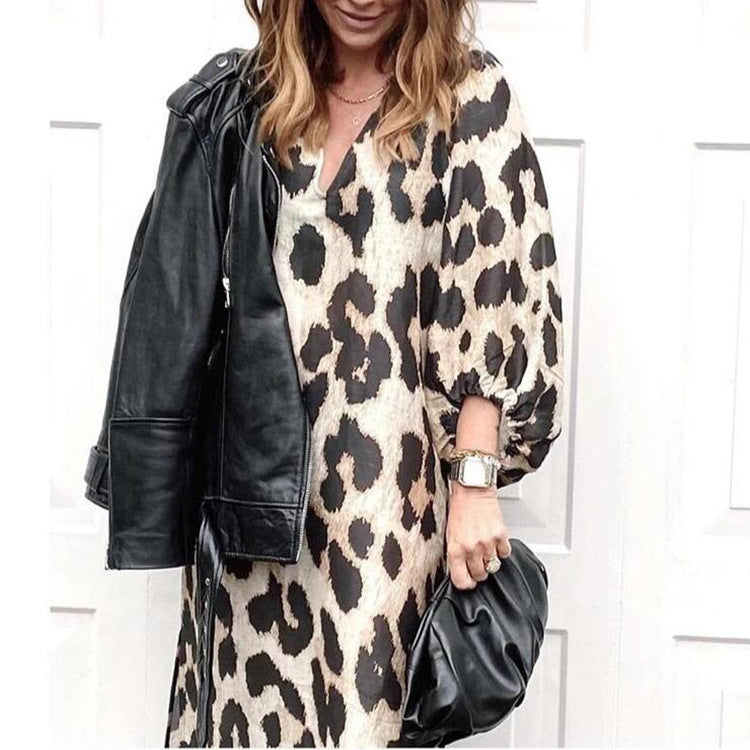 Long V-neck Loose Lantern Sleeve Leopard Dresses