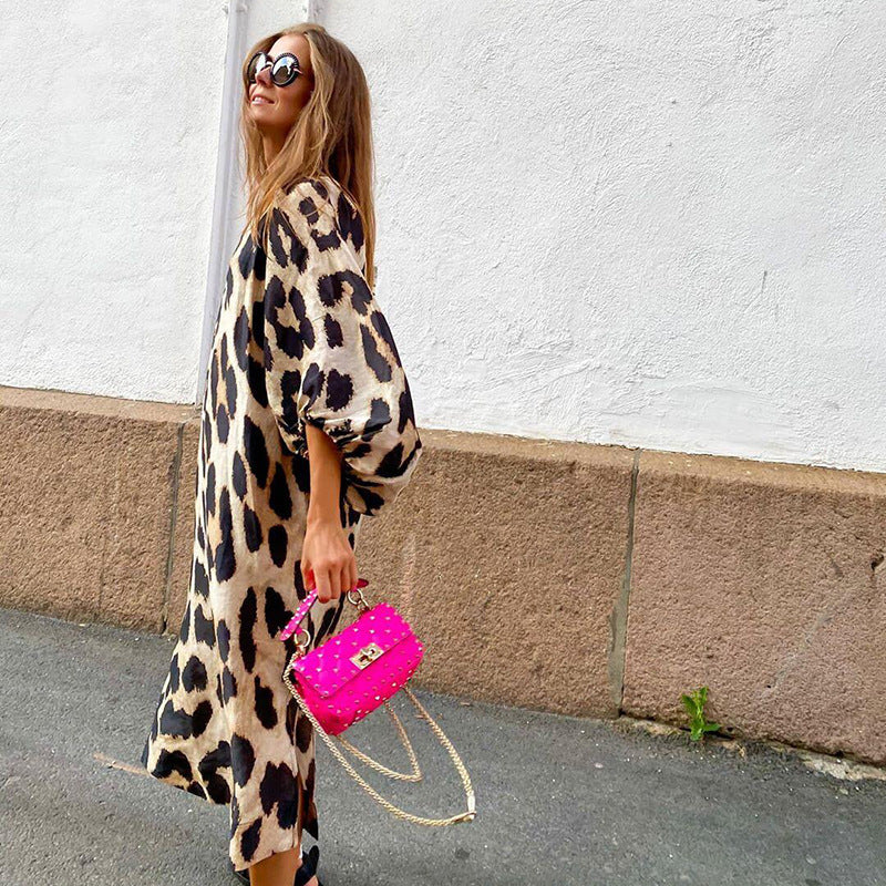 Long V-neck Loose Lantern Sleeve Leopard Dresses