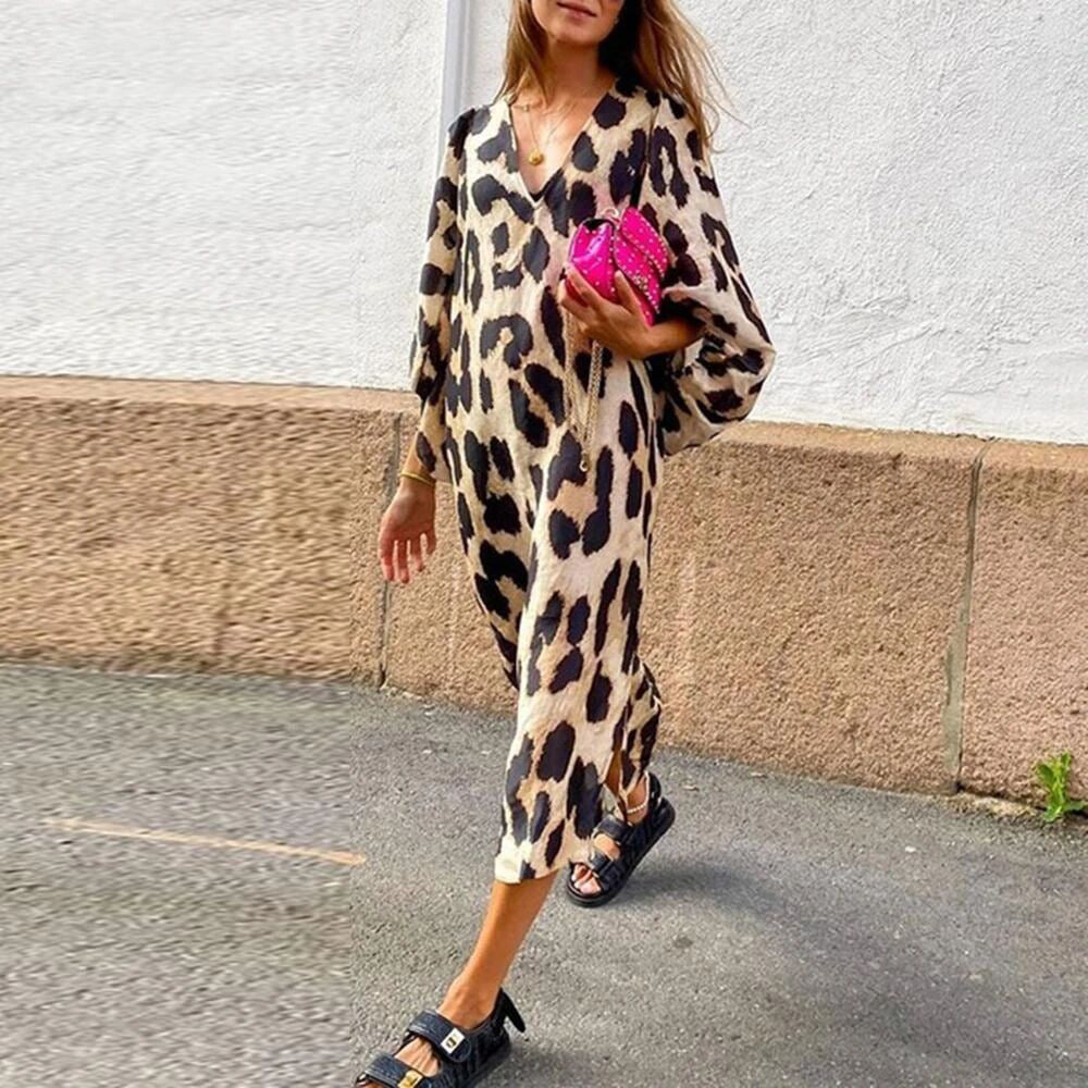 Long V-neck Loose Lantern Sleeve Leopard Dresses