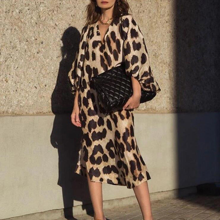 Long V-neck Loose Lantern Sleeve Leopard Dresses