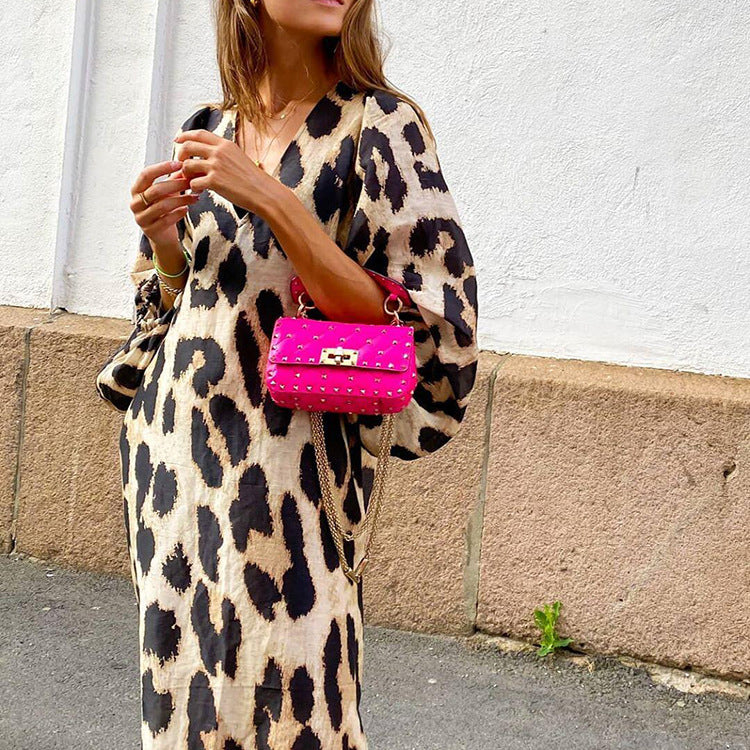 Long V-neck Loose Lantern Sleeve Leopard Dresses