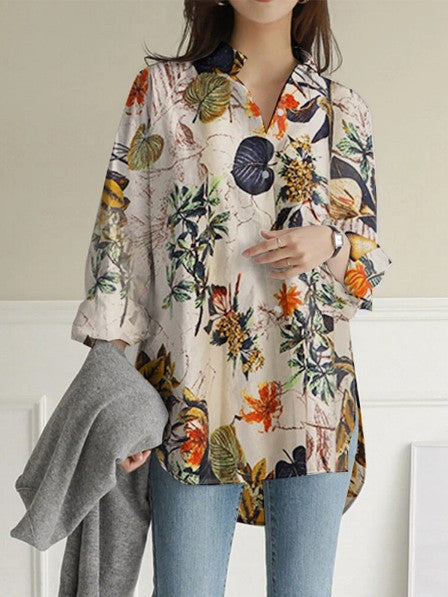 Long Sleeve Loose Large Linen Printed Blouses