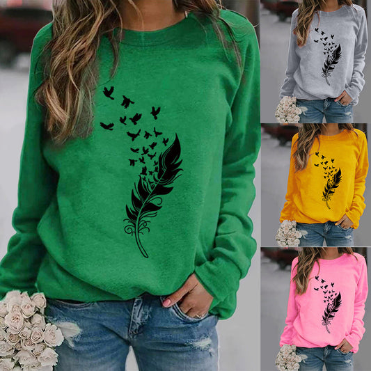 Feather Fun Pattern Printing Long Sleeve Sweaters