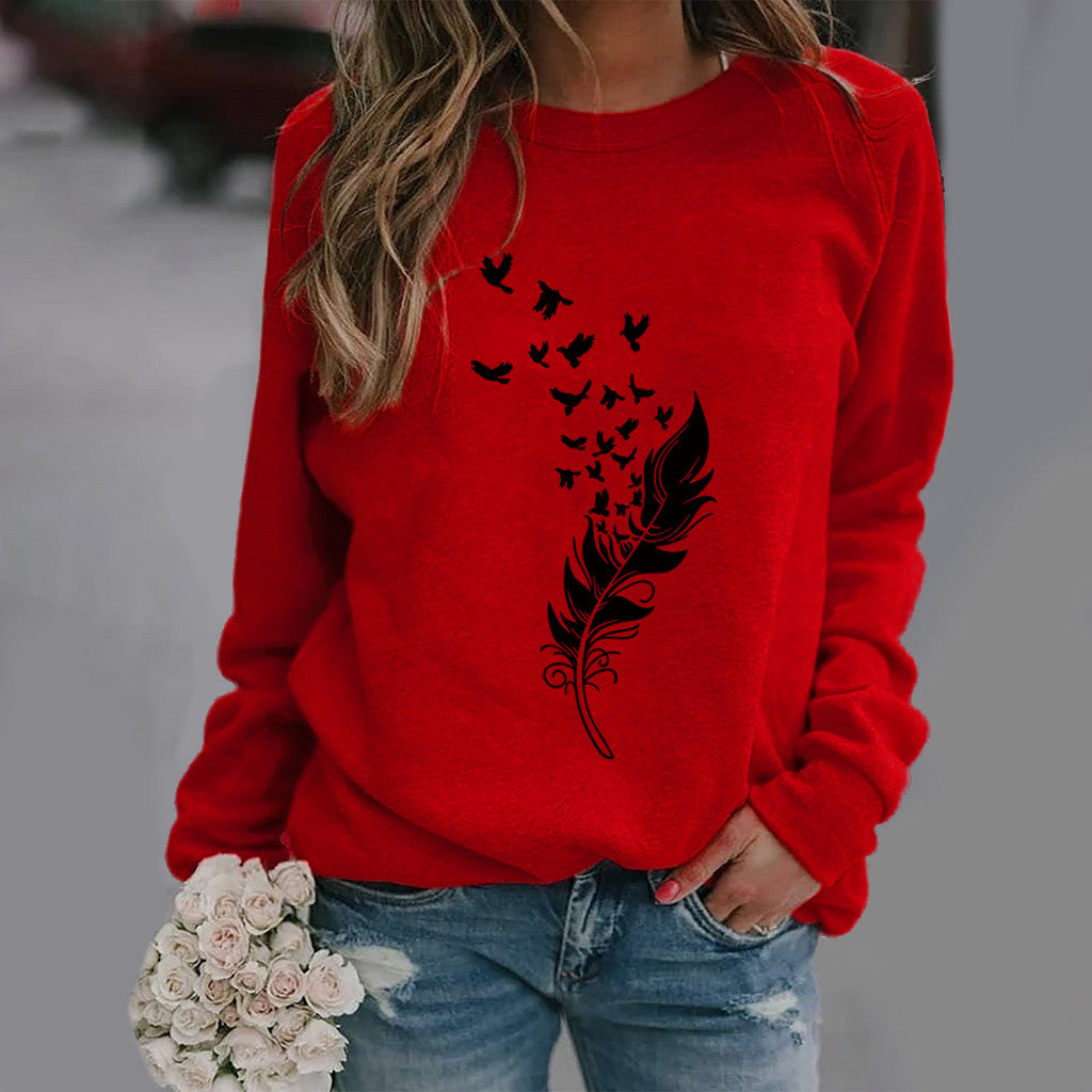 Feather Fun Pattern Printing Long Sleeve Sweaters