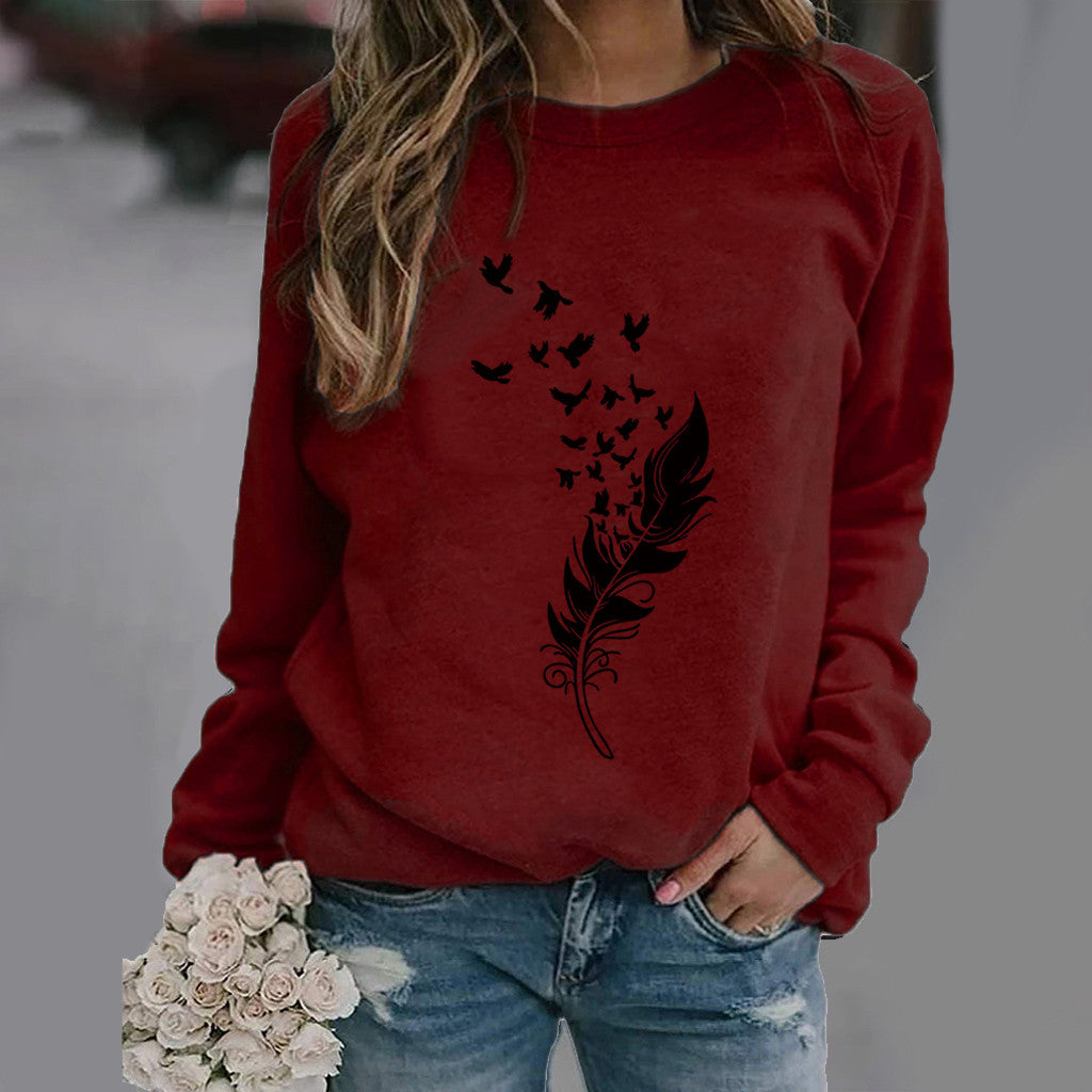 Feather Fun Pattern Printing Long Sleeve Sweaters