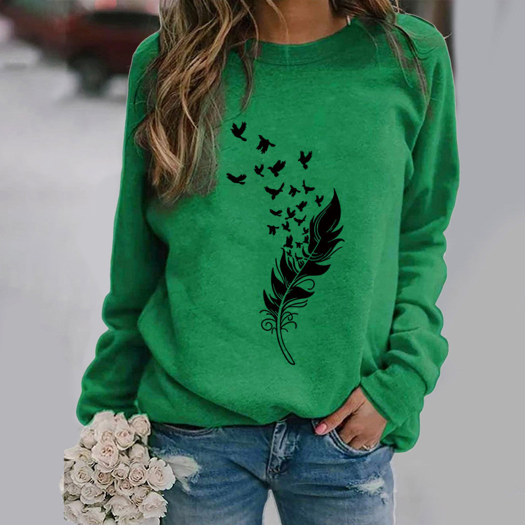 Feather Fun Pattern Printing Long Sleeve Sweaters