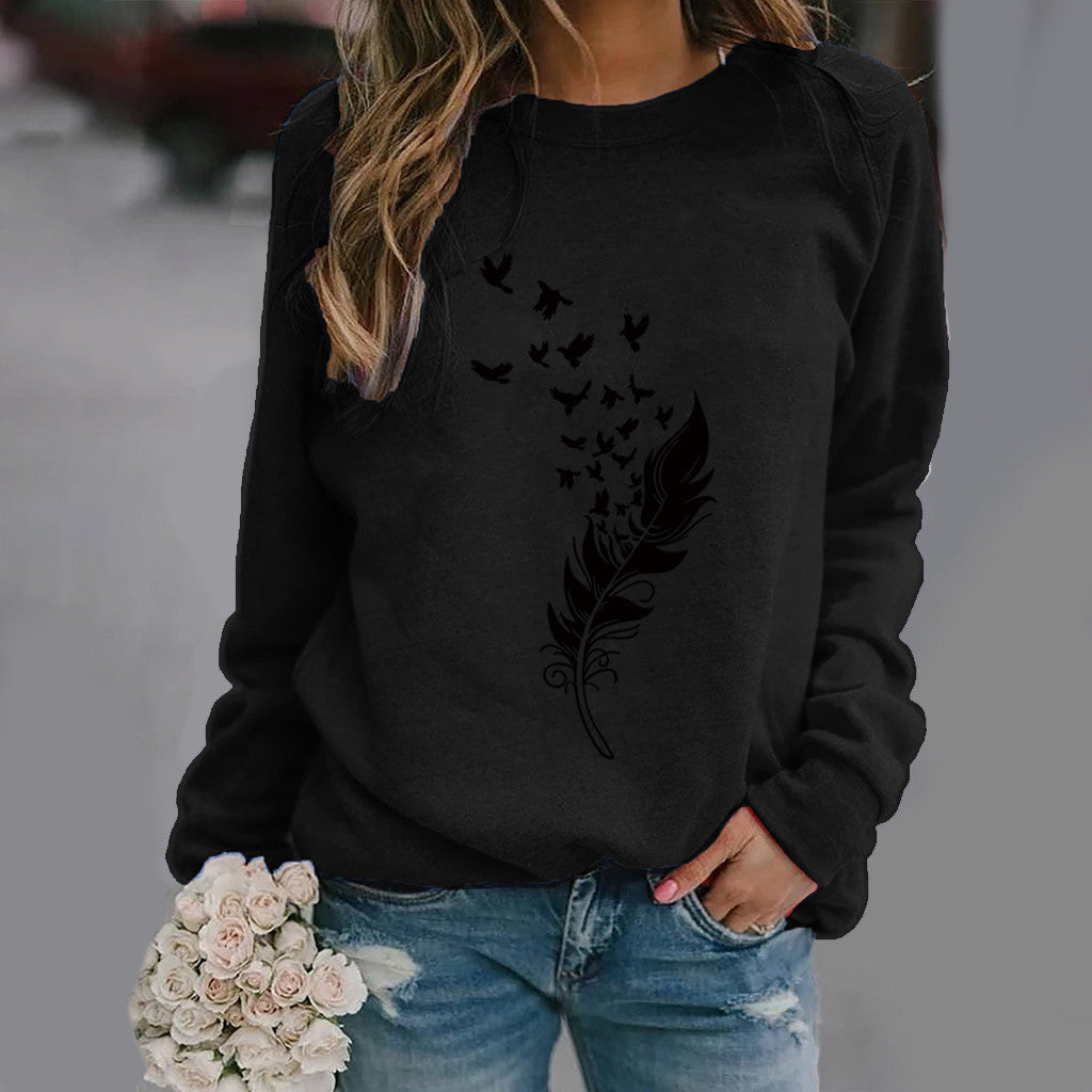 Feather Fun Pattern Printing Long Sleeve Sweaters