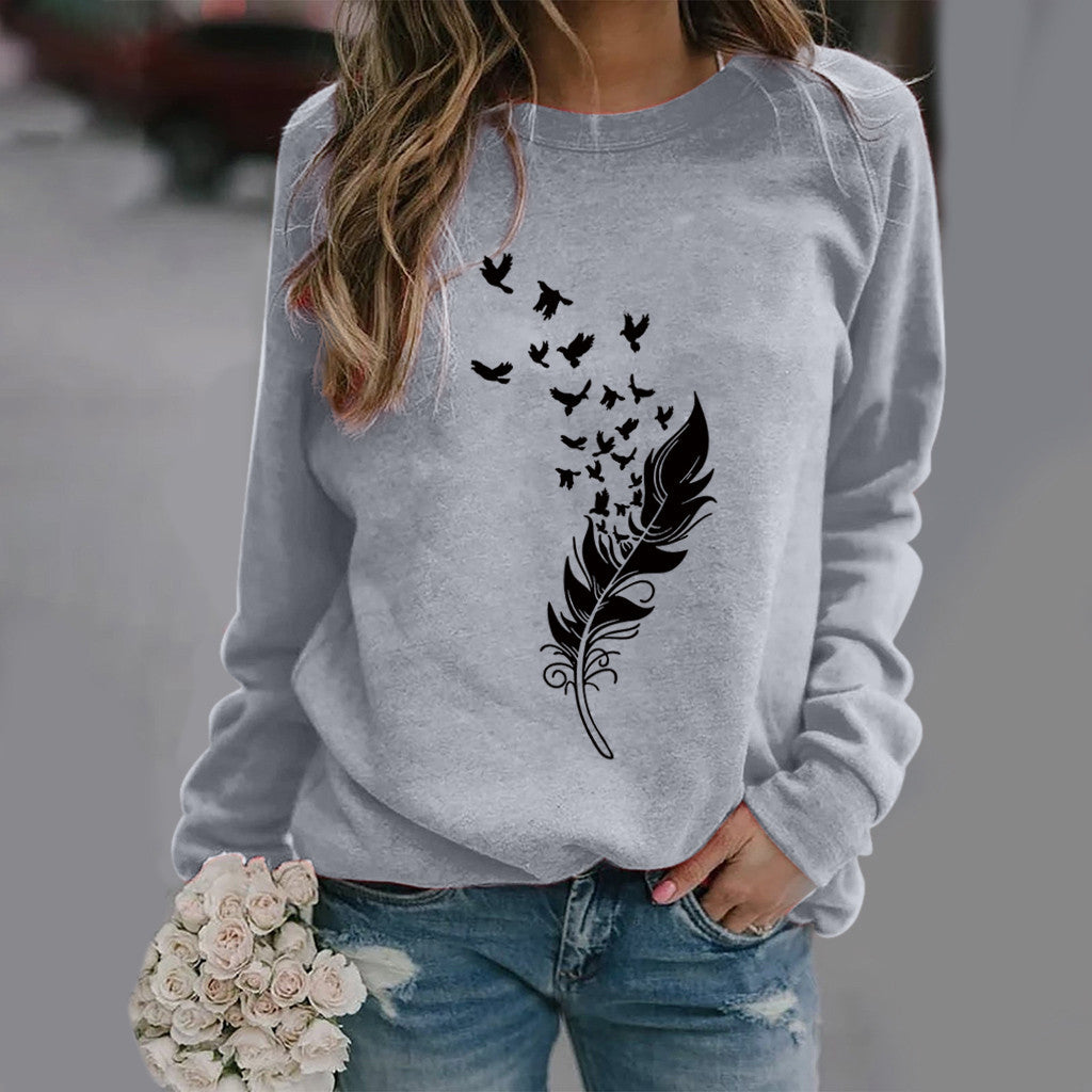 Feather Fun Pattern Printing Long Sleeve Sweaters