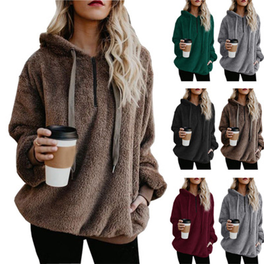 Women's Pullover Solid Color Hooded Fleece Sweatshirt Sweaters