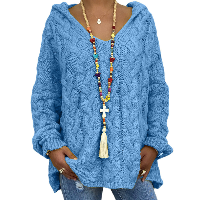 Women's Solid Color Twist Knitted Hoodie Sweaters