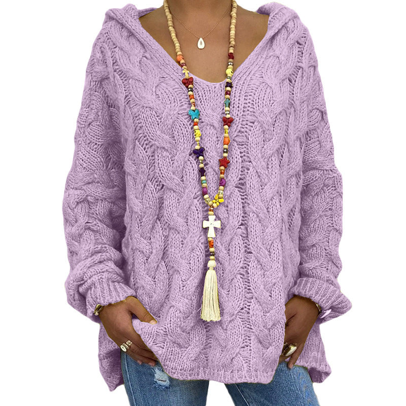 Women's Solid Color Twist Knitted Hoodie Sweaters