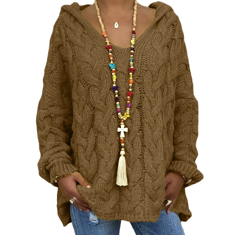 Women's Solid Color Twist Knitted Hoodie Sweaters