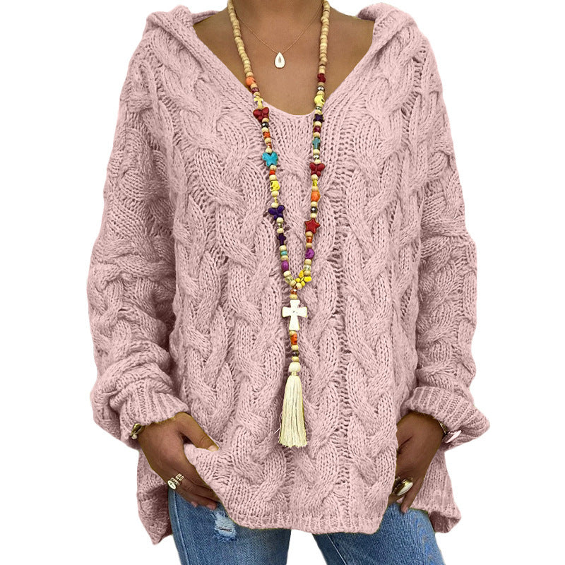 Women's Solid Color Twist Knitted Hoodie Sweaters