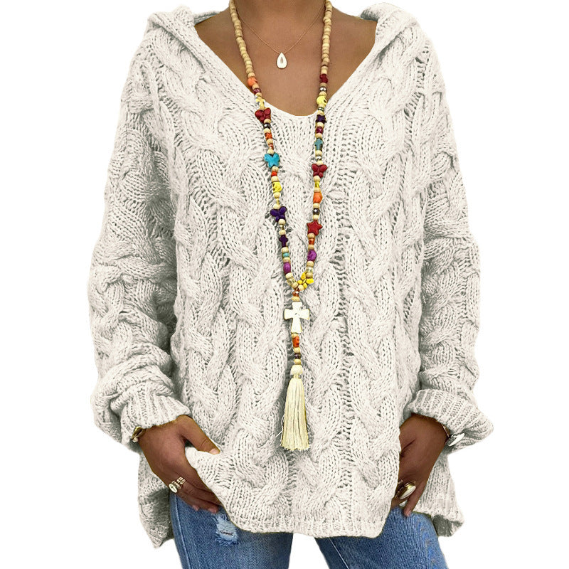 Women's Solid Color Twist Knitted Hoodie Sweaters