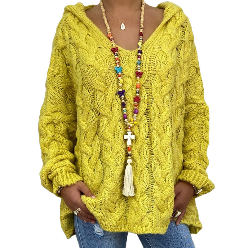 Women's Solid Color Twist Knitted Hoodie Sweaters