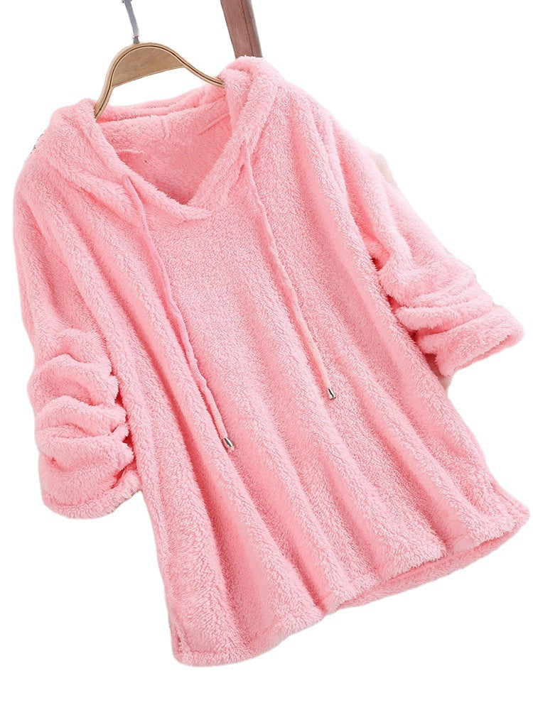 Women's Solid Color Long Sleeve Hooded Plush Fleece Pajamas Sweaters