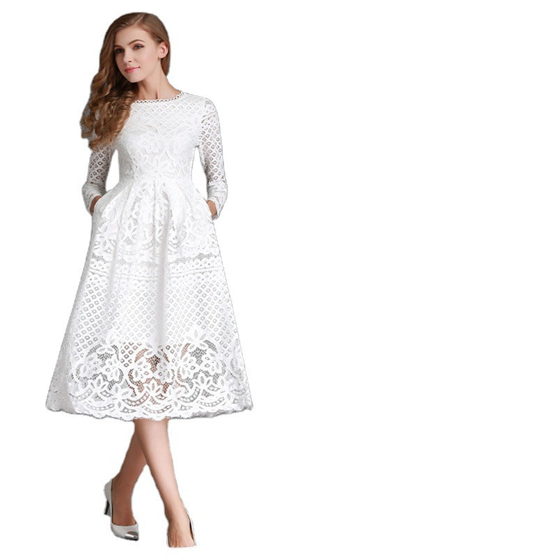 Women's Autumn White Round Neck Lace Long Sleeve Slim Dresses