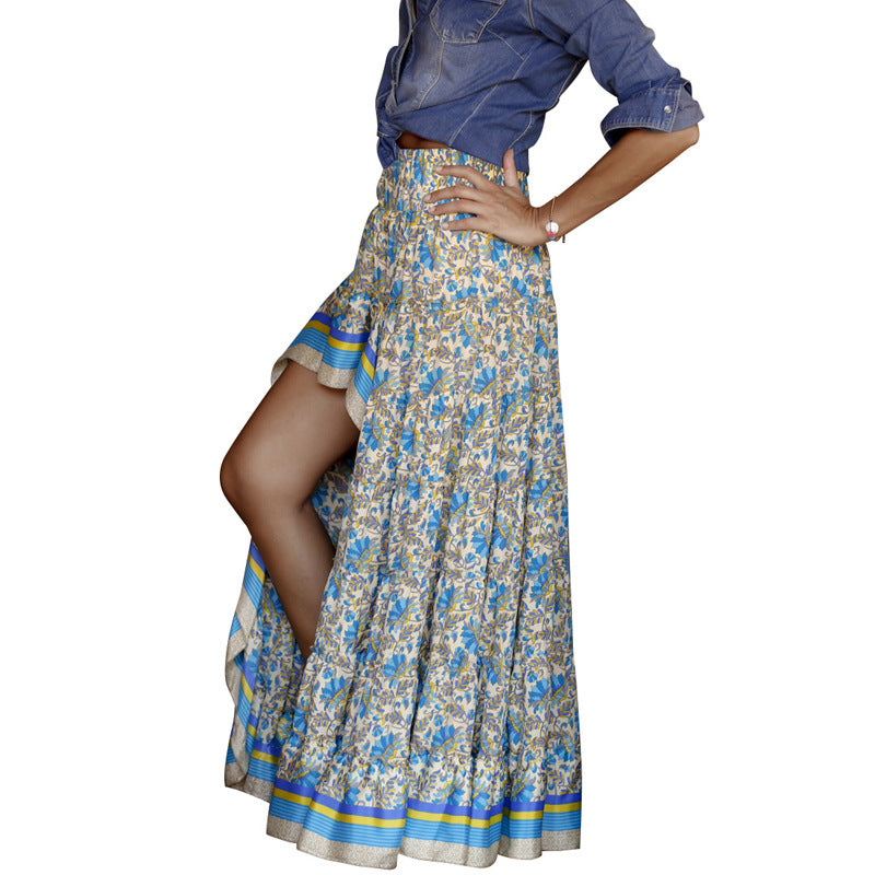 Women's Rayon Printed Irregular High Waist Long Skirts