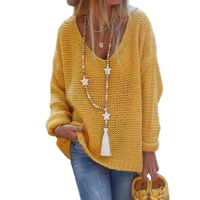 Casual Slouchy Women's V-neck Long-sleeved Knitted Sweaters