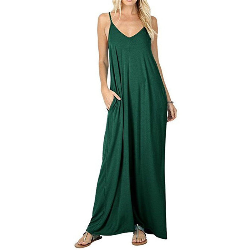 Women's Color Loose Pockets Long Sexy Sling Dresses