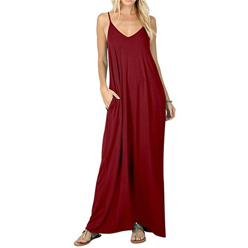 Women's Color Loose Pockets Long Sexy Sling Dresses