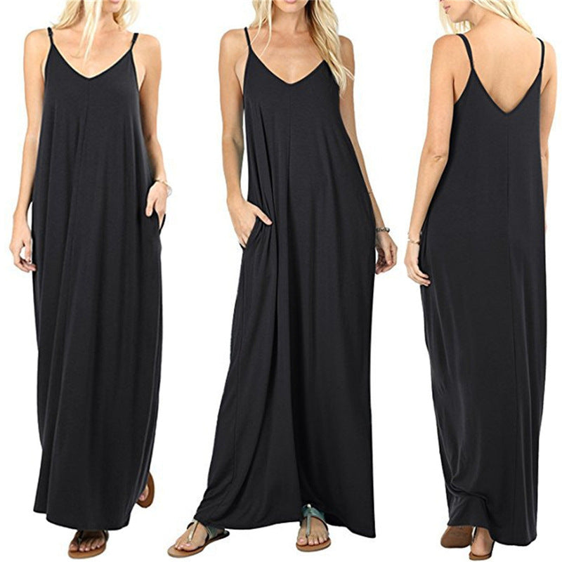 Women's Color Loose Pockets Long Sexy Sling Dresses