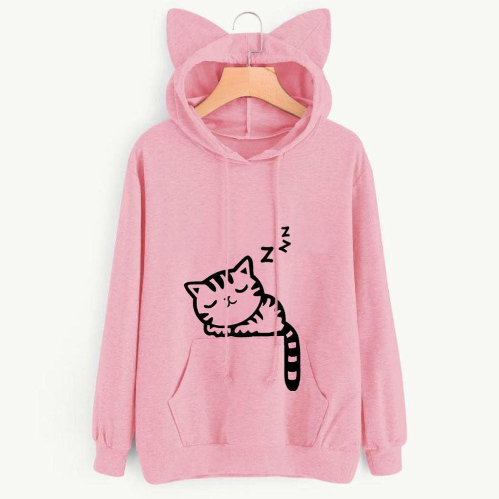 Loose Fleece Printed Pattern Hood Sweatshirt Sweaters