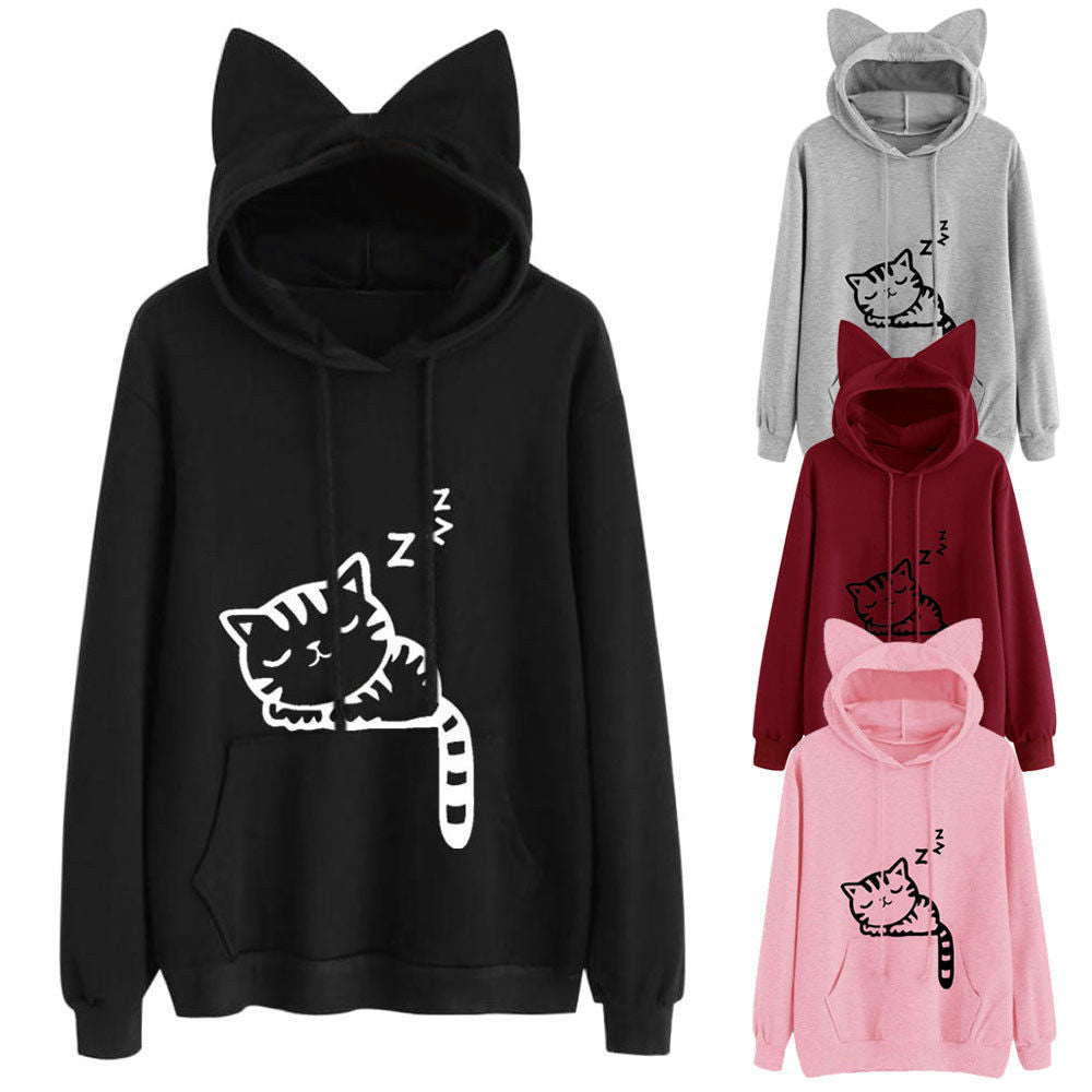 Loose Fleece Printed Pattern Hood Sweatshirt Sweaters