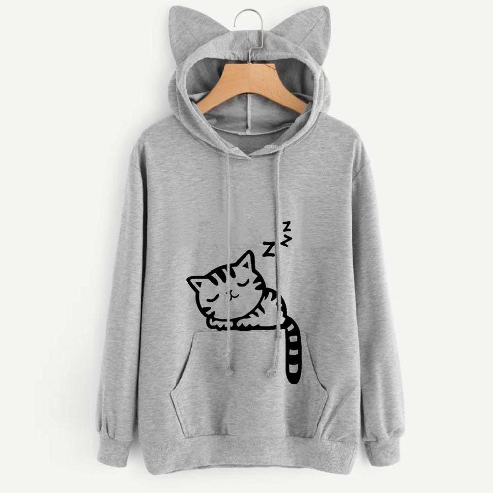 Loose Fleece Printed Pattern Hood Sweatshirt Sweaters