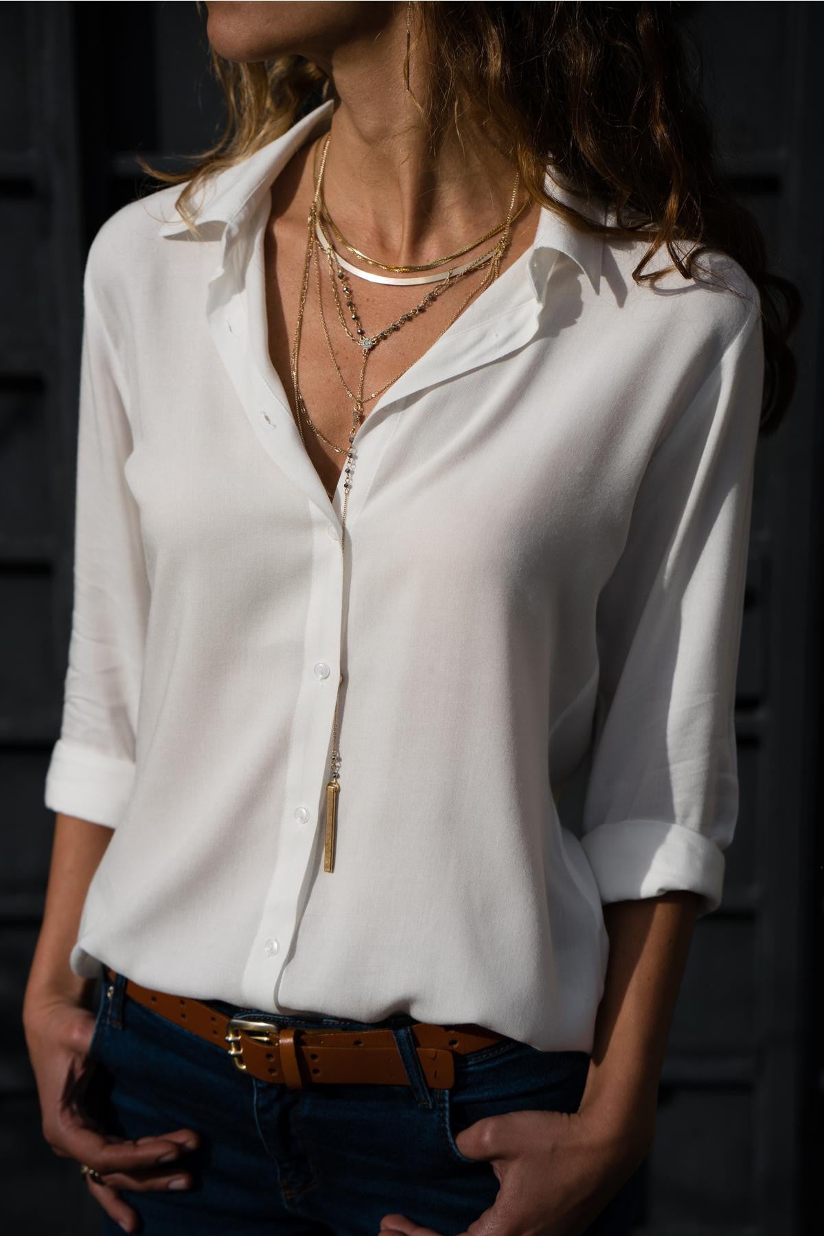 Women's Long-sleeved Deep Button Chiffon Shirt Blouses