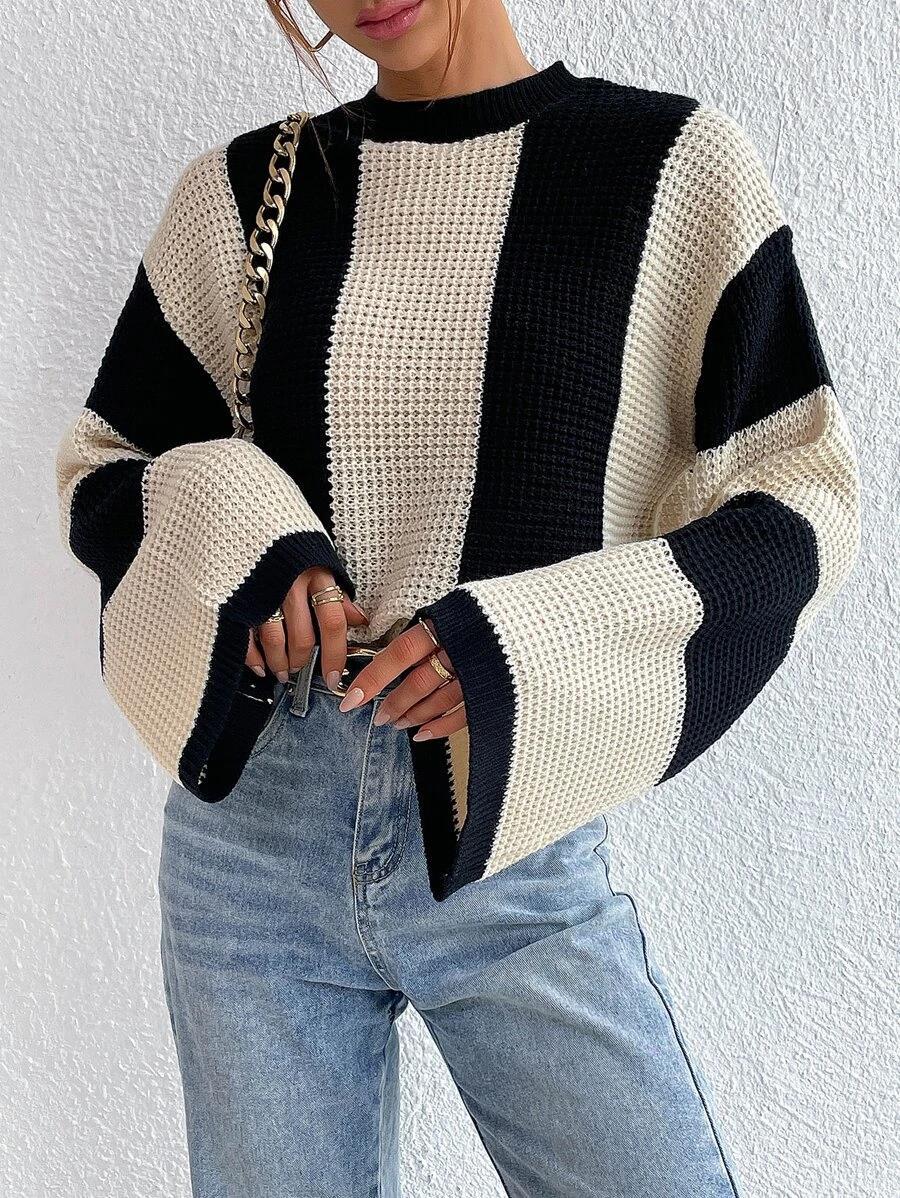 Women's Style Knitted Round Neck Striped Design Sweaters