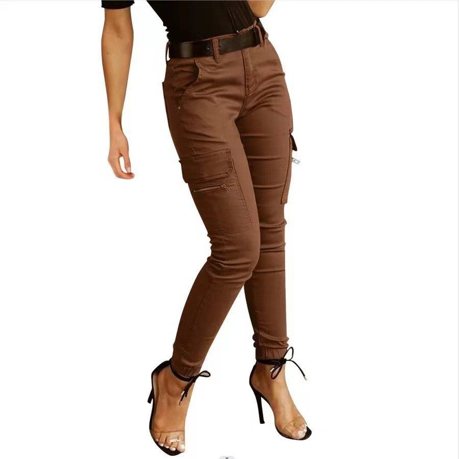 Pantalon taille basse à poches boutonnées de couleur unie pour femme