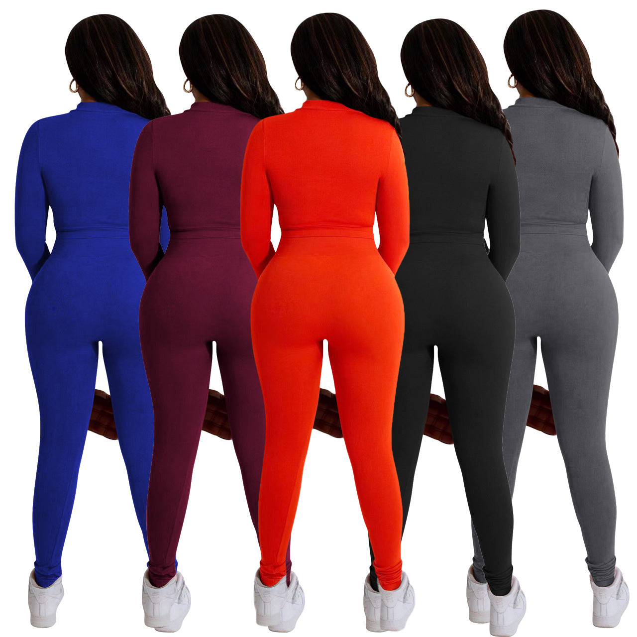 Women's Solid Color Double Zipper Sunken Stripe Suits