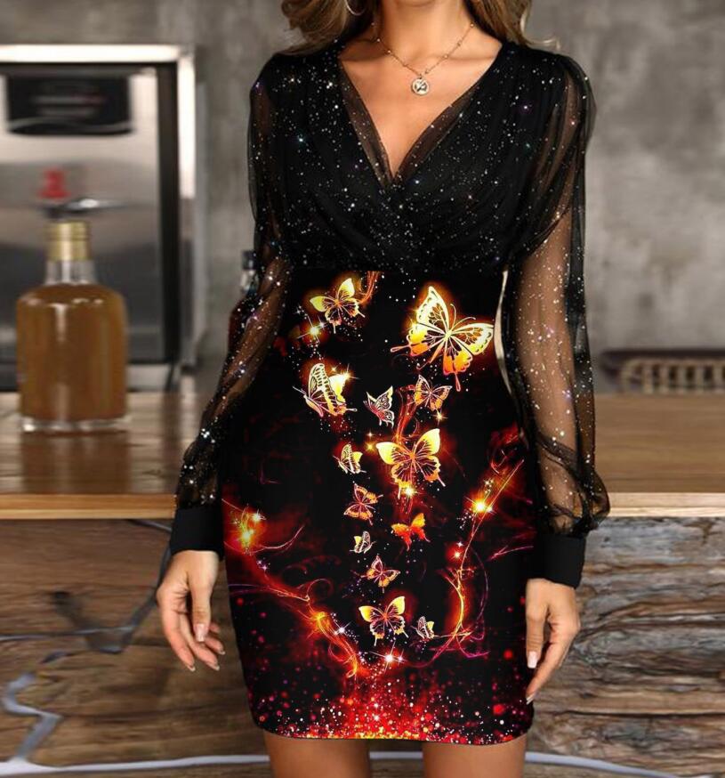 V-neck Sequined Slim Fit Sexy Print Dresses