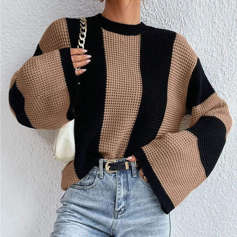 Women's Style Knitted Round Neck Striped Design Sweaters