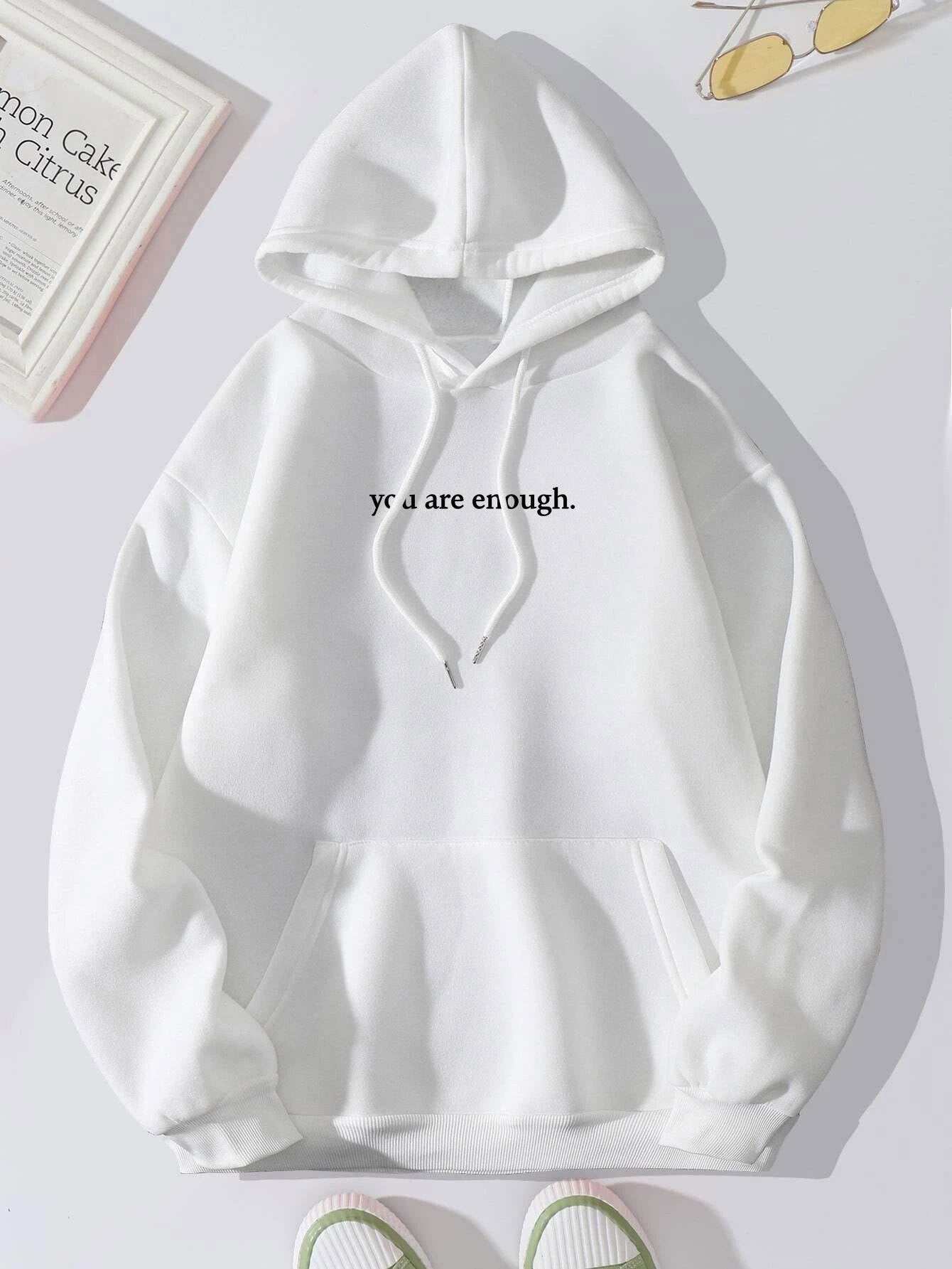 Women's Brushed Hoody Plain Letter Printed Kangaroo Sweaters