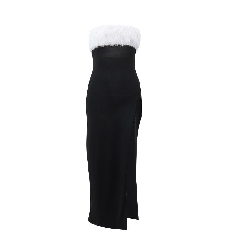 Women's Winter Holiday Christmas Contrast Color Plush Tube High Slit Dresses