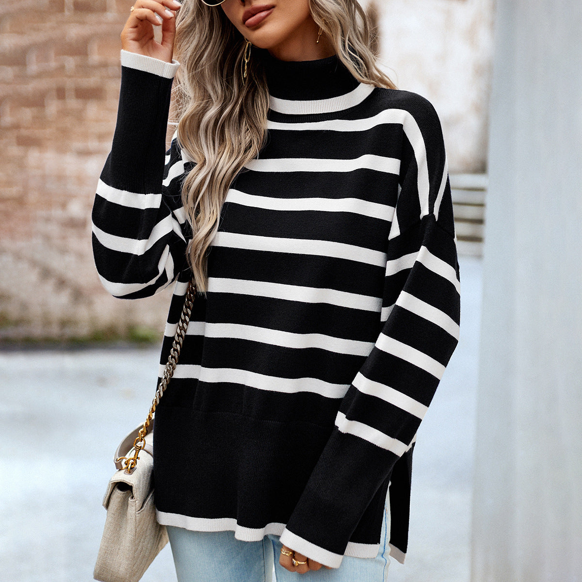 Women's Durable Beautiful Striped Turtleneck Knitted Sweaters