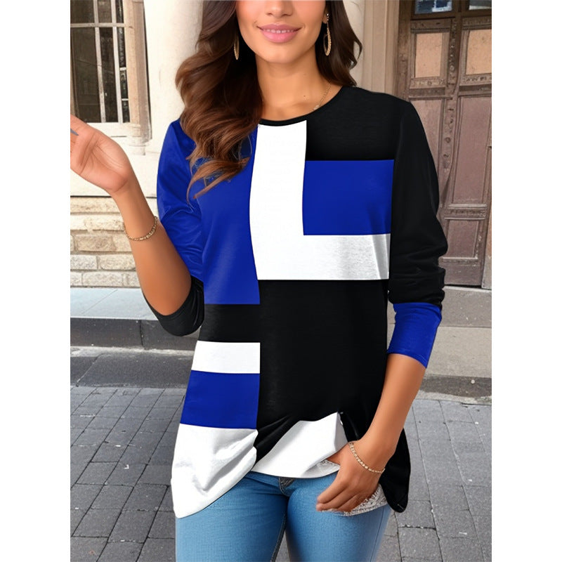 Women's Geometric Color Matching Long-sleeved T-shirt Blouses