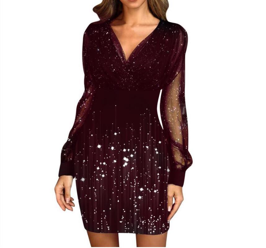 V-neck Sequined Slim Fit Sexy Print Dresses