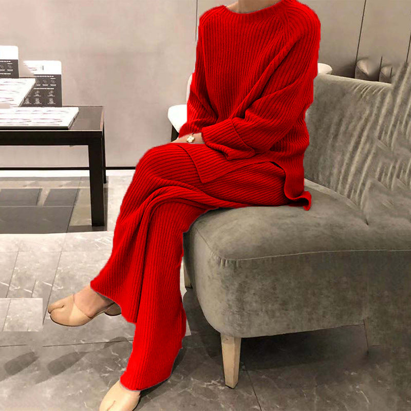 Women's Long Sleeve Solid Color Knit Casual Two-piece Suits