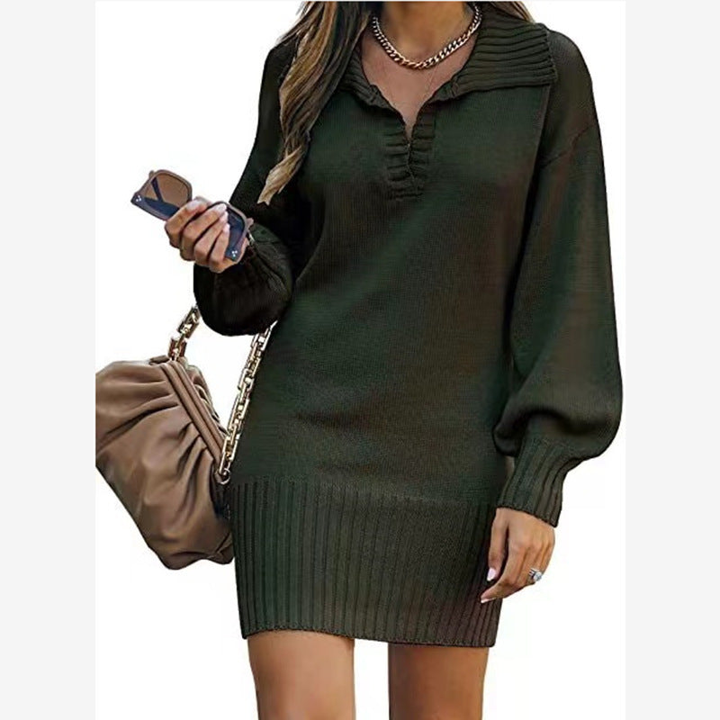 Women's Mid-length Lapel Lantern Sleeve Knitted Solid Sweaters