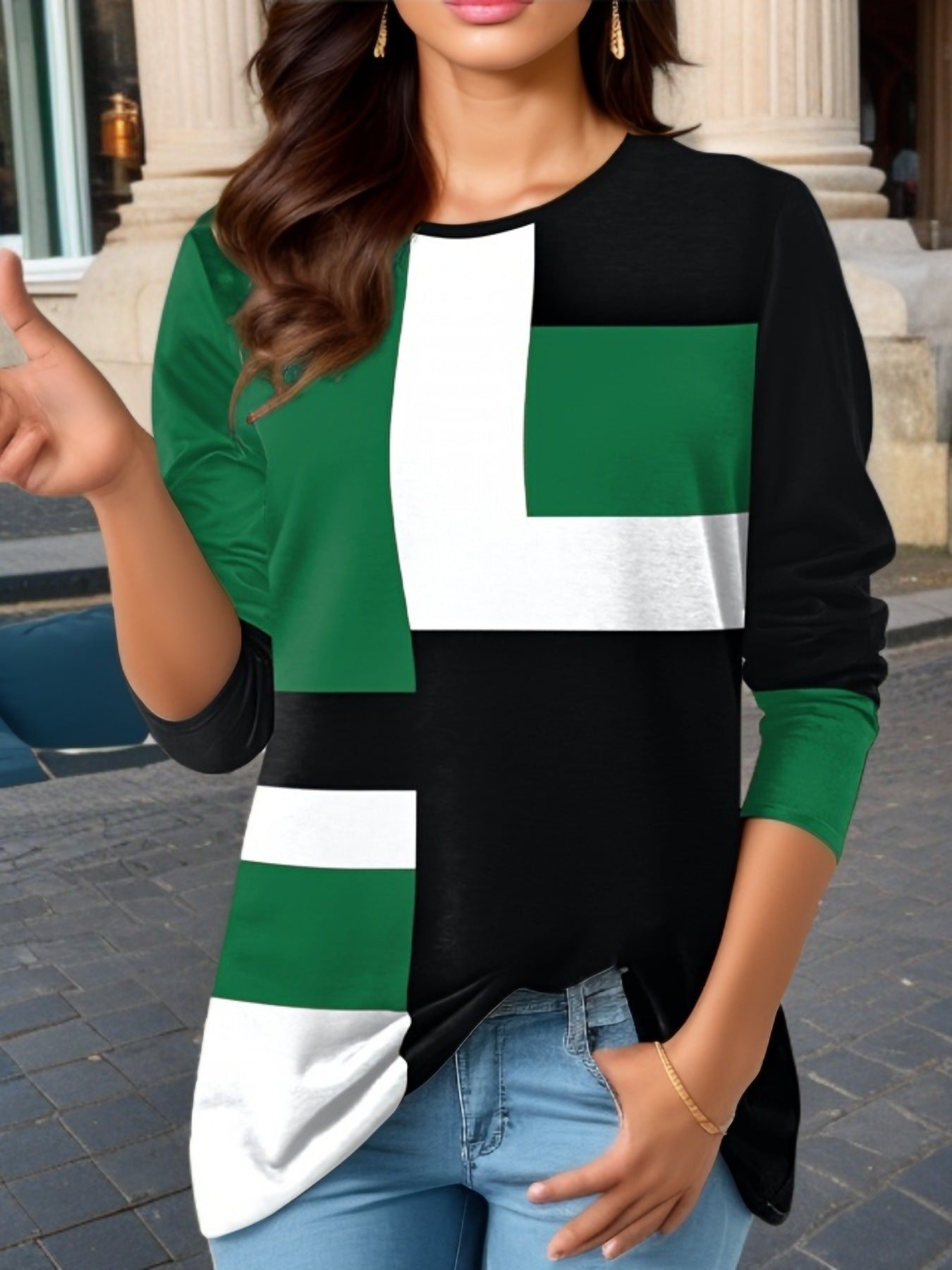 Women's Geometric Color Matching Long-sleeved T-shirt Blouses