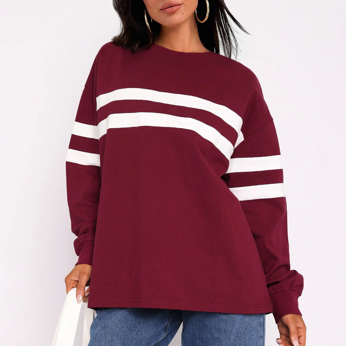 Women's Loose Striped Pullover Long-sleeved Shirt Contrast Sweaters