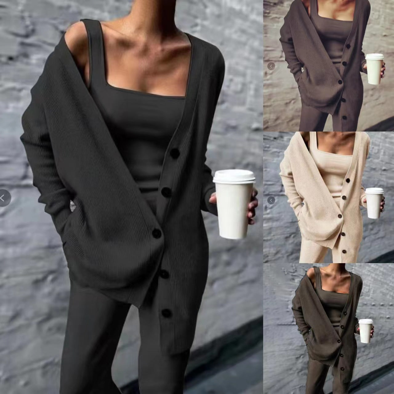 Women's Knitted Three-piece Lady Long Sleeve Solid Sweaters