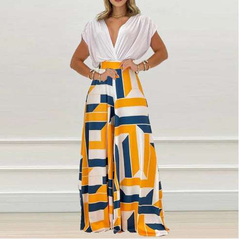 Women's Summer Elegant V-neck Printed Wide-leg Casual High Suits