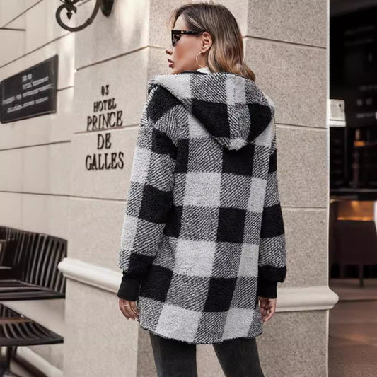 Women's Loose Plaid Color Stitching Knitted Fashion Coats