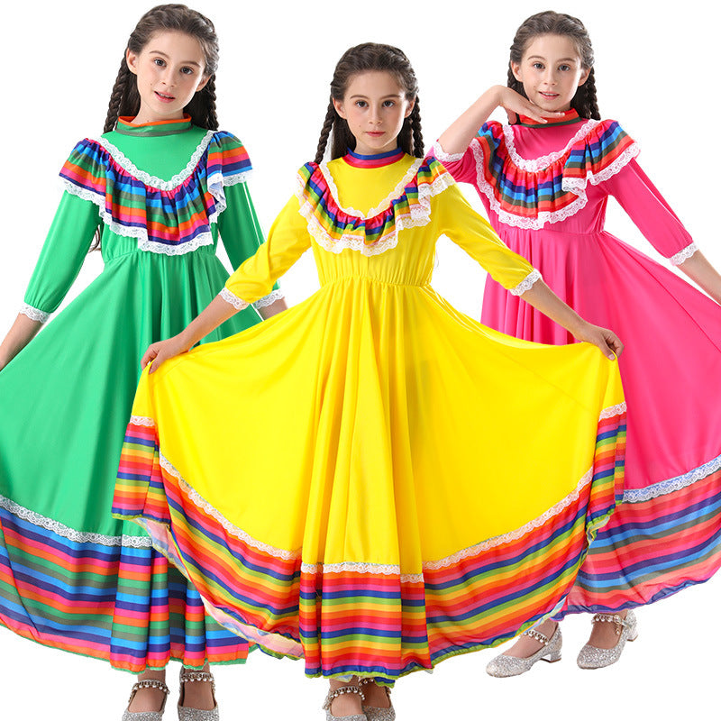 Costumes de danse ethnique mexicaine pour enfants avec robe trapèze de grande taille